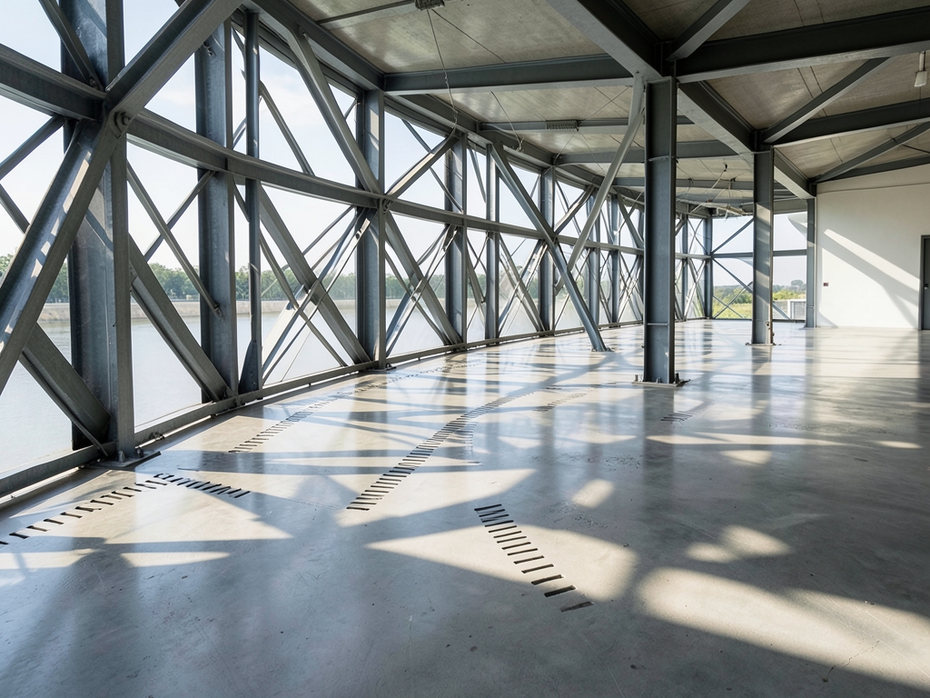 Sunlight filters through modern steel frame structure revealing subtle