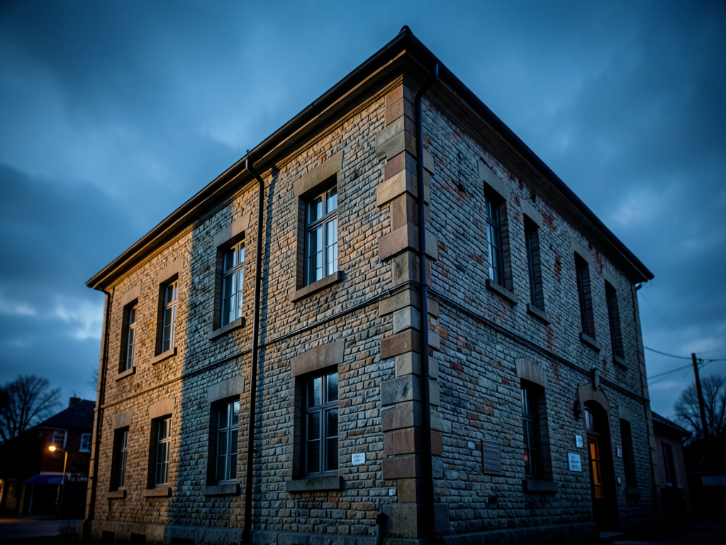 Twilight casts long shadows across retrofitted masonry building