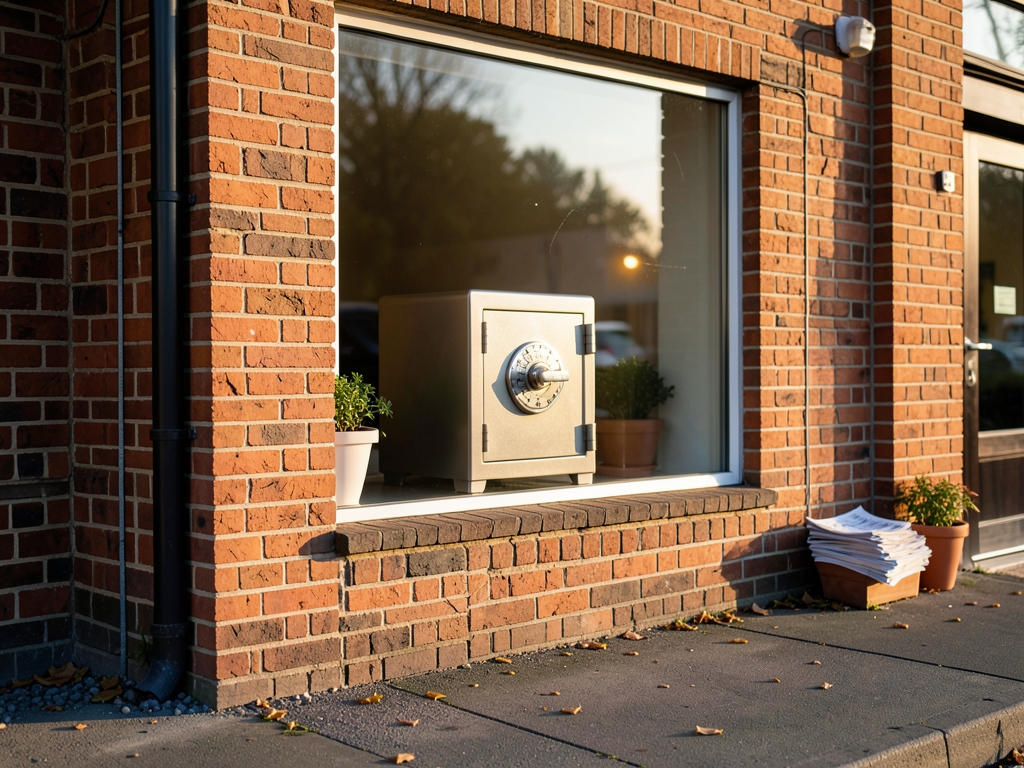 Soft dawn light tidy brick storefront with small