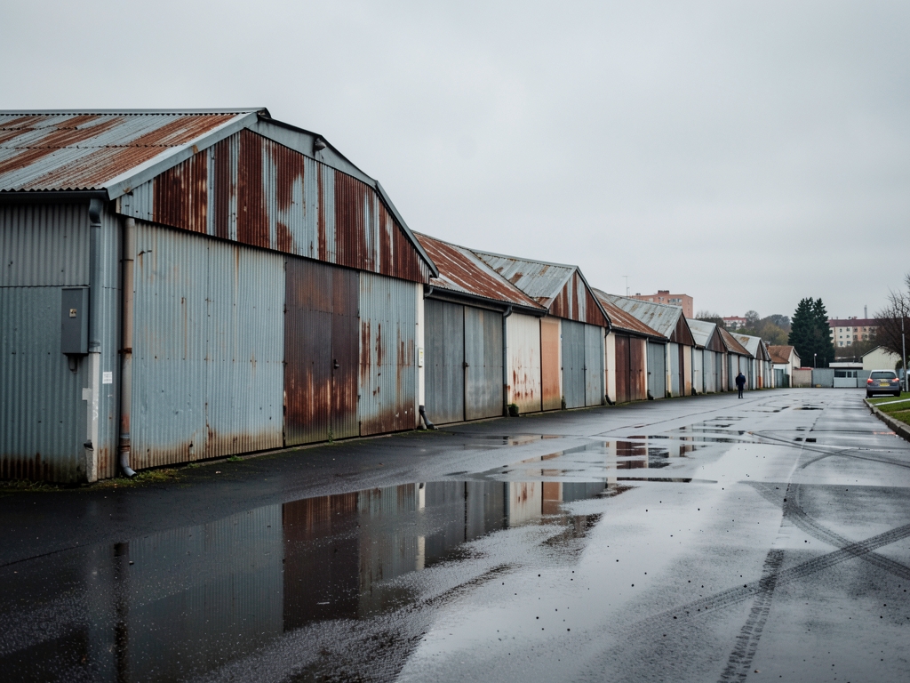Overcast afternoon over modest warehouse row corrugated metal