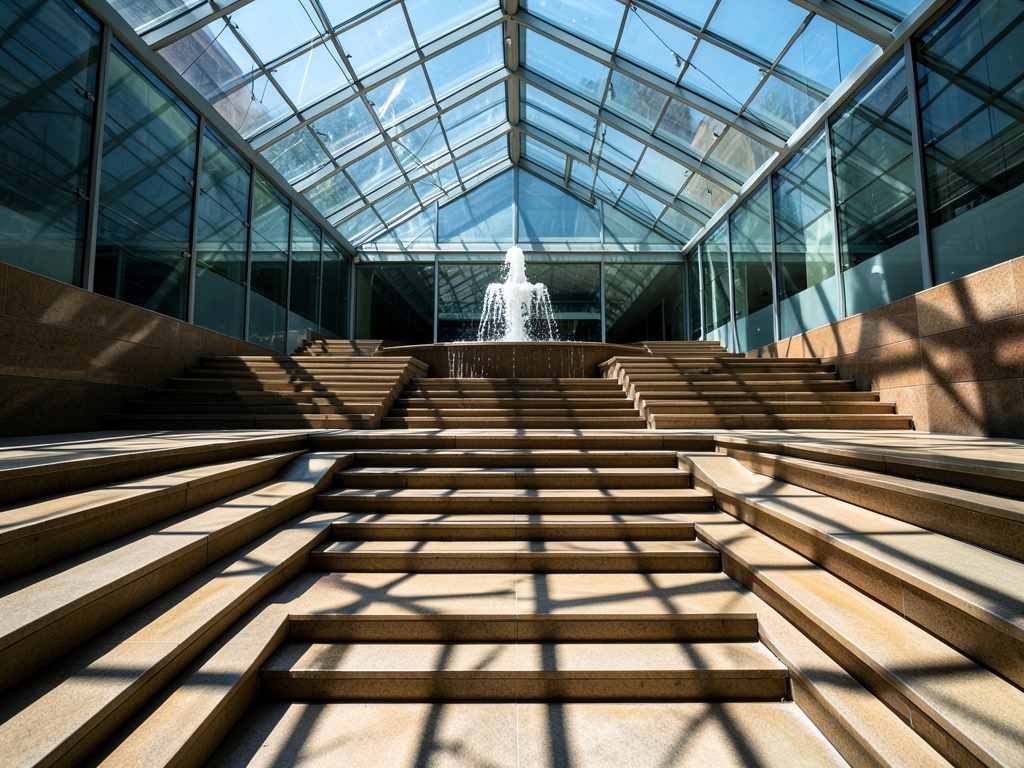Sunlight filters through modern glass atrium where geometric