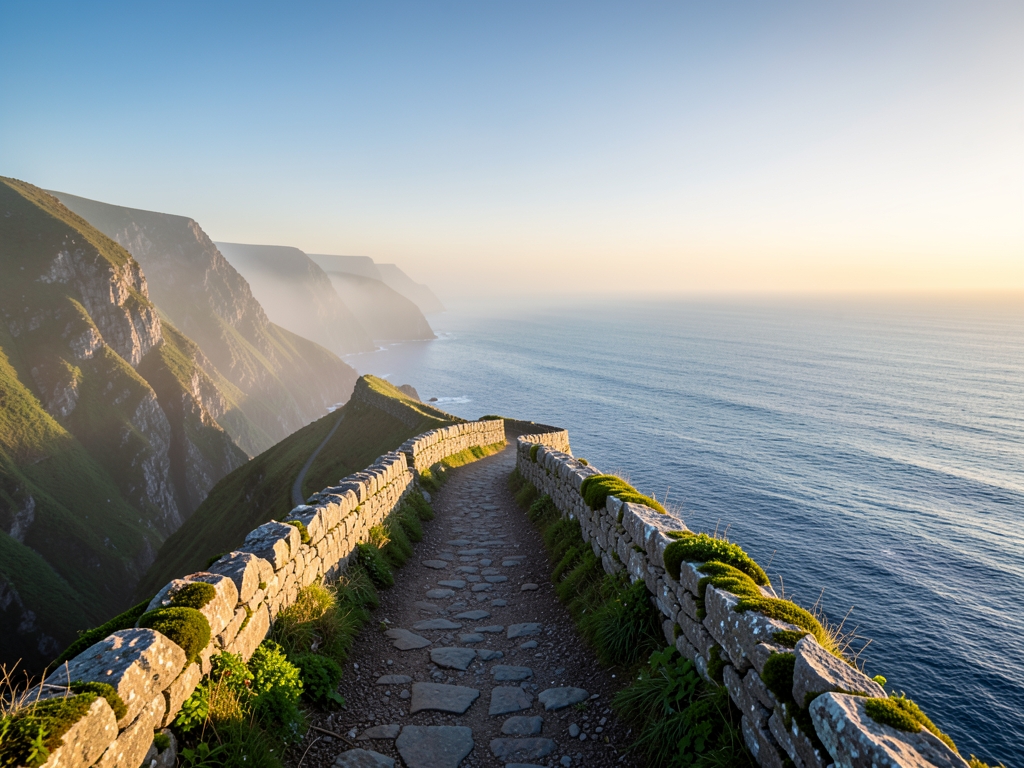 Serene coastal cliff path dawn with light mist
