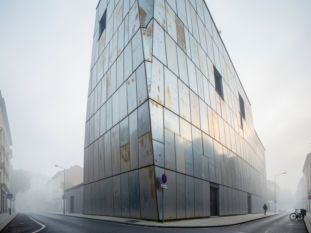 tall modern building facade with subtle angular tilt