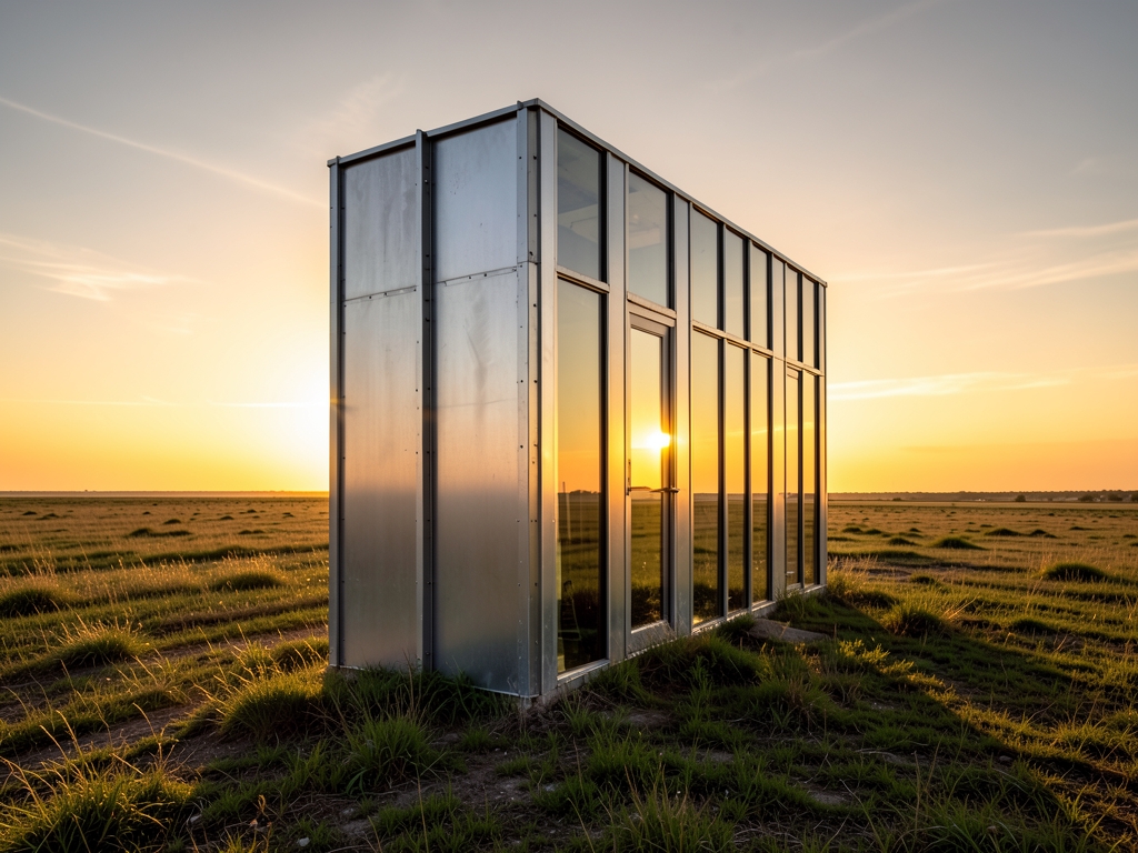 full scale mock up slender facade profile standing open field