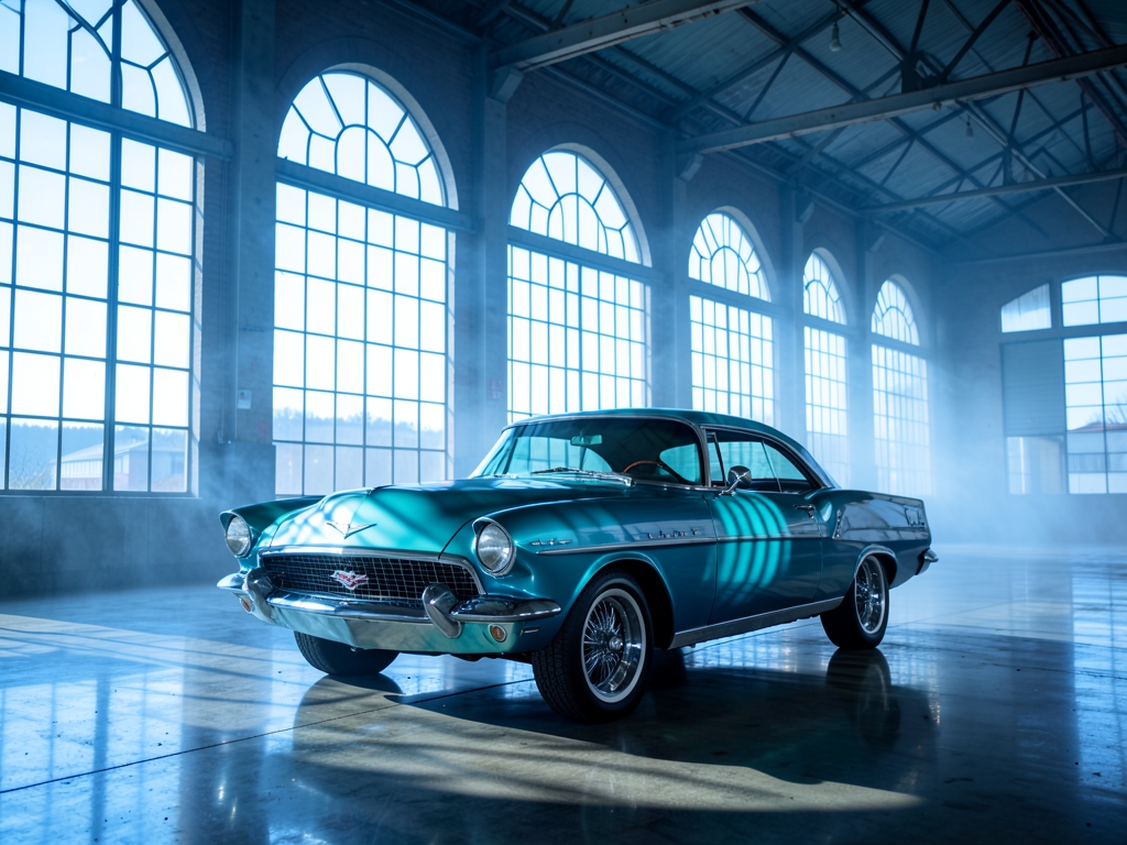 Cool blue morning light streaming through tall factory