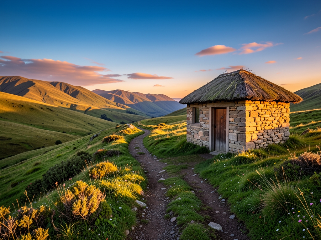 Wide highland valley with small sturdy stone storehouse