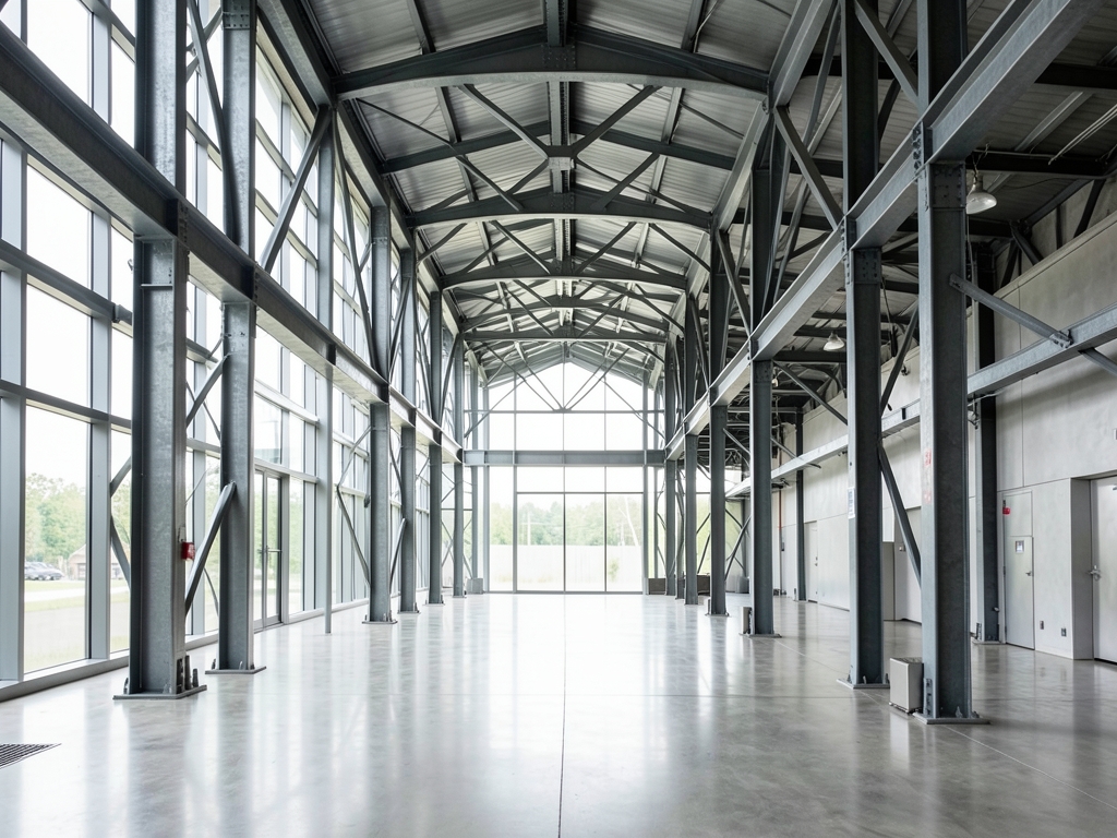 Interior atrium steel frame structure with exposed columns cross bracing