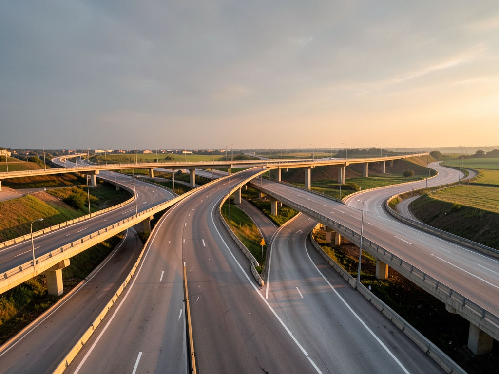 sweeping aerial view modern highway interchange golden hour