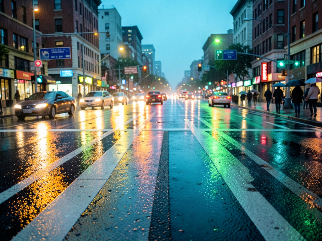 rain glossed urban intersection twilight with soft amber green