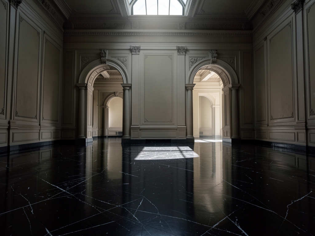 vast empty museum hall with polished dark marble