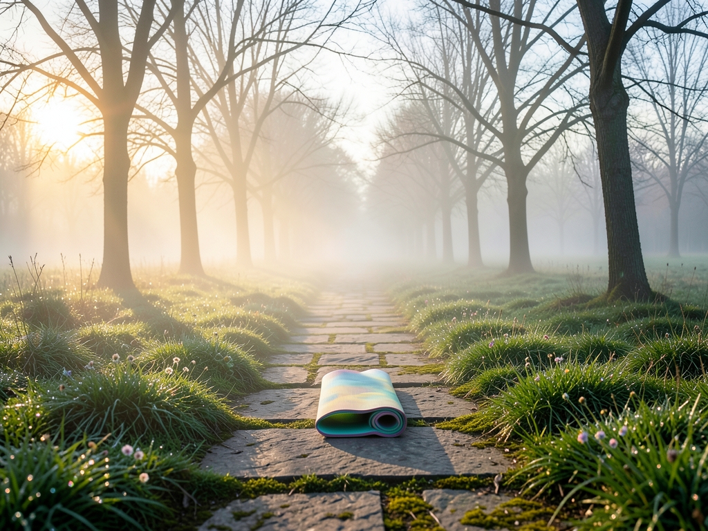 misty park trail dawn with dew covered grass warm