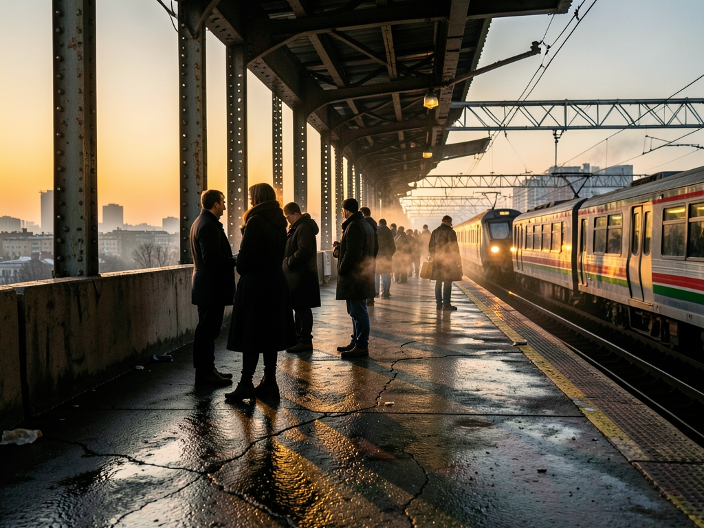 rain slicked elevated subway platform golden hour commuters long