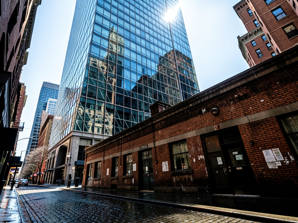 glass and steel high rise tower rising beside brick transit station