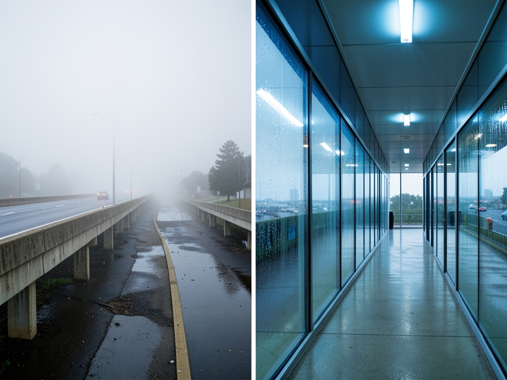 foggy California highway overpass dawn concrete pillars stretching