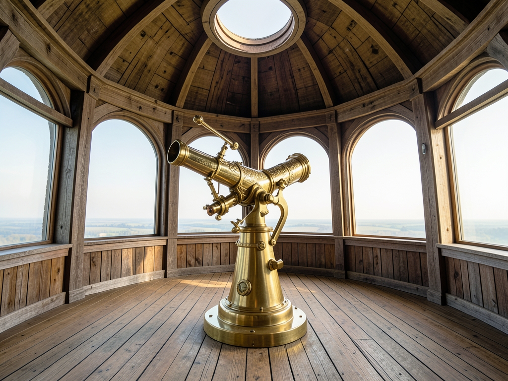 vast empty observatory with brass telescope aimed soft