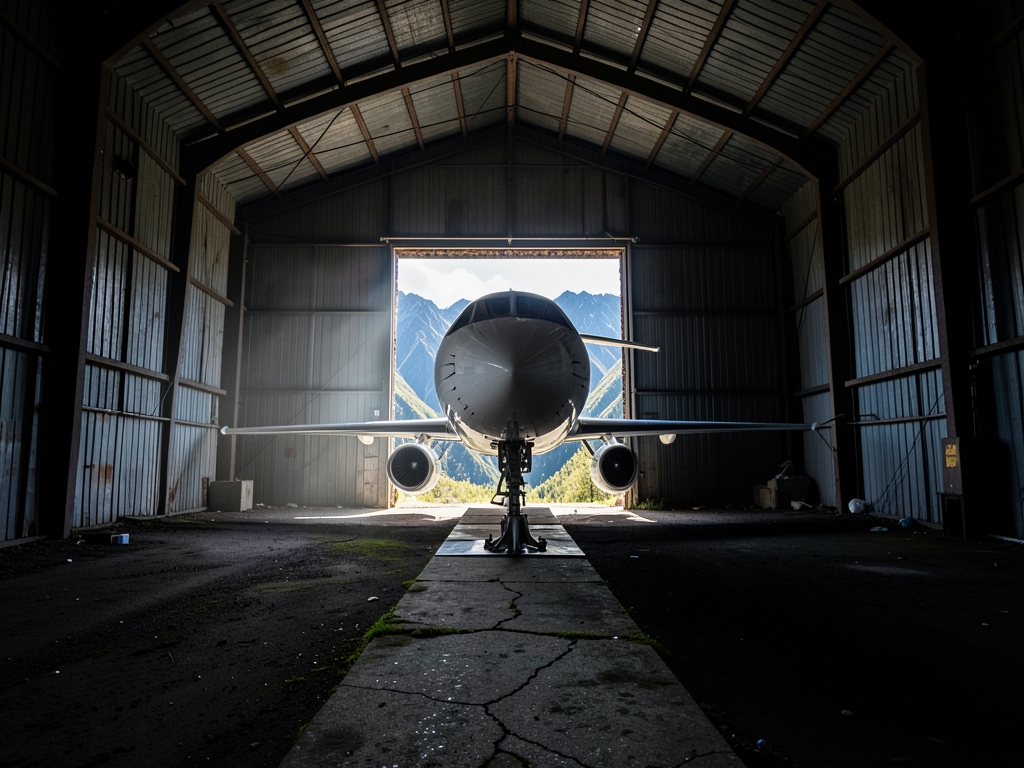 bare metal hangar holds polished untested engine pedestal single