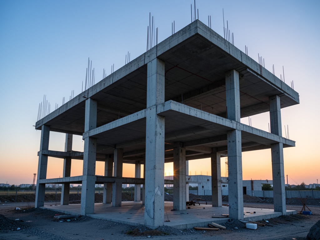 Unfinished reinforced concrete building frame sunrise with exposed