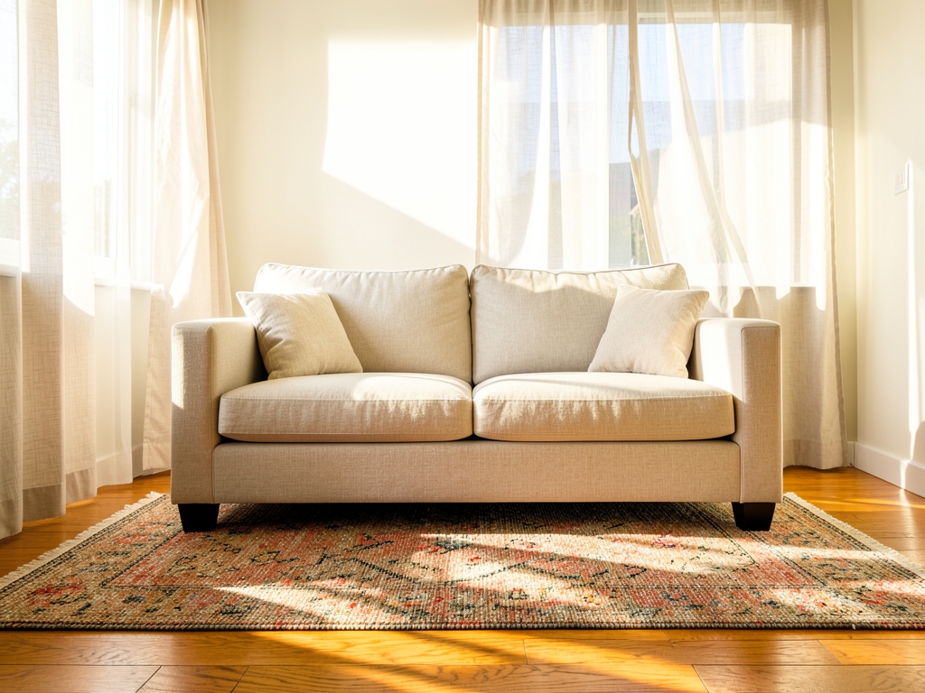 Sunlit vacation apartment living room with linen sofa