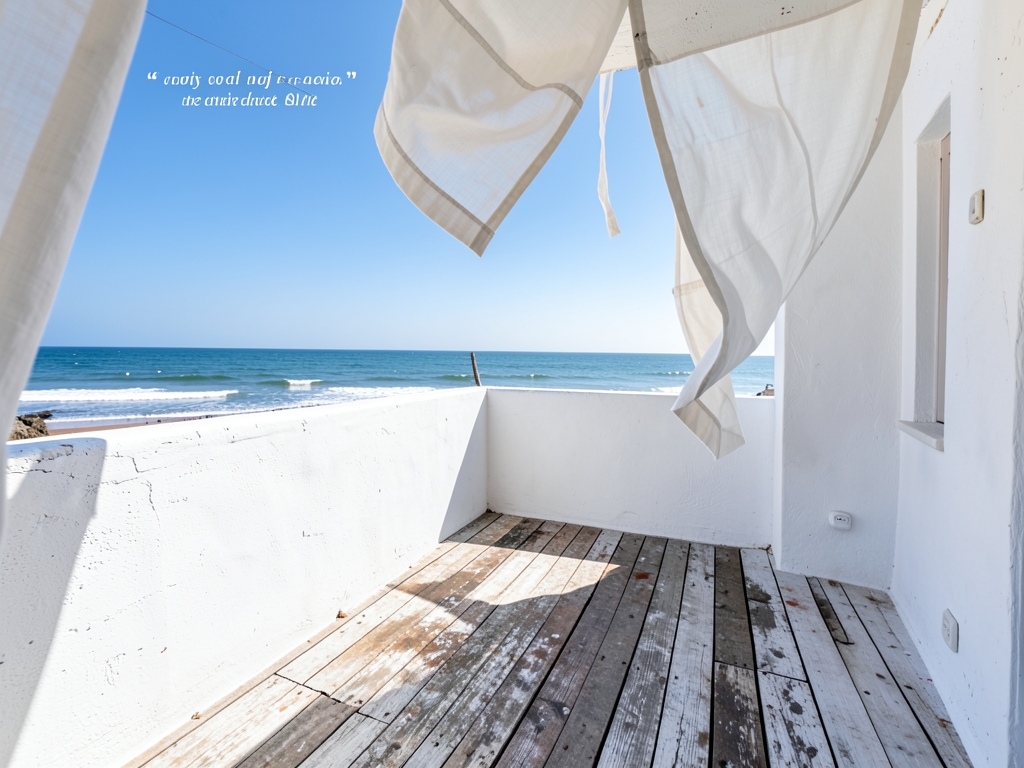 Whitewashed coastal rental terrace with weathered wood deck