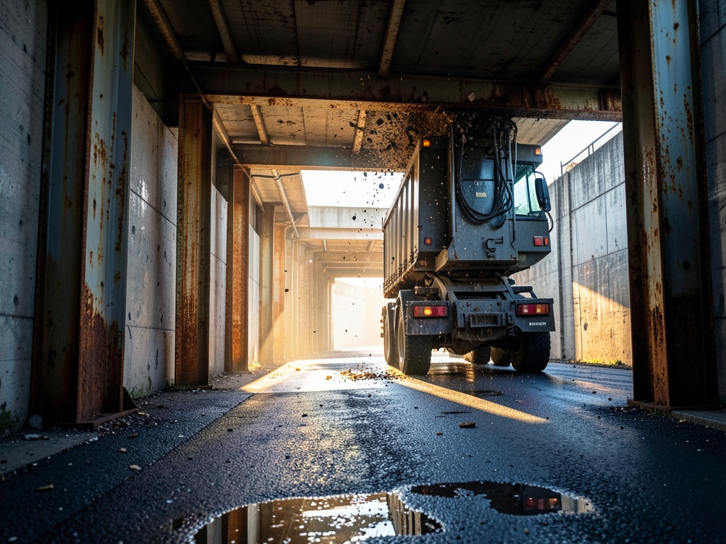 Narrow industrial tunnel entrance framed weathered steel beams
