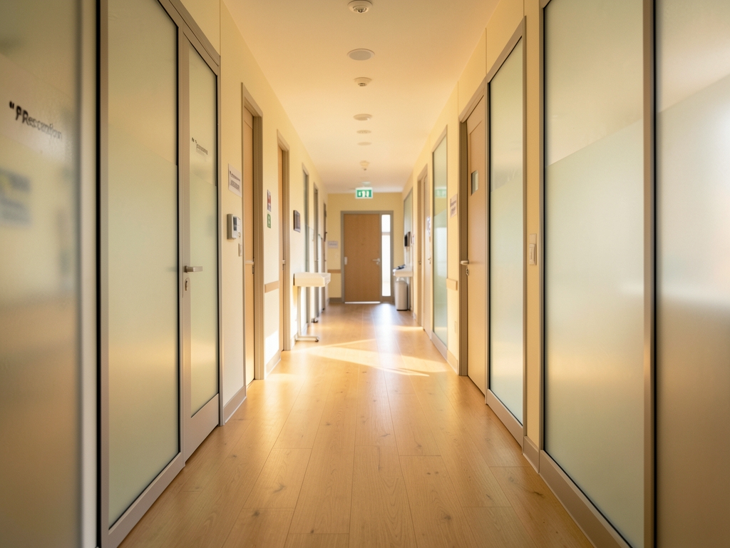 Modern ambulatory clinic hallway with light wood frosted