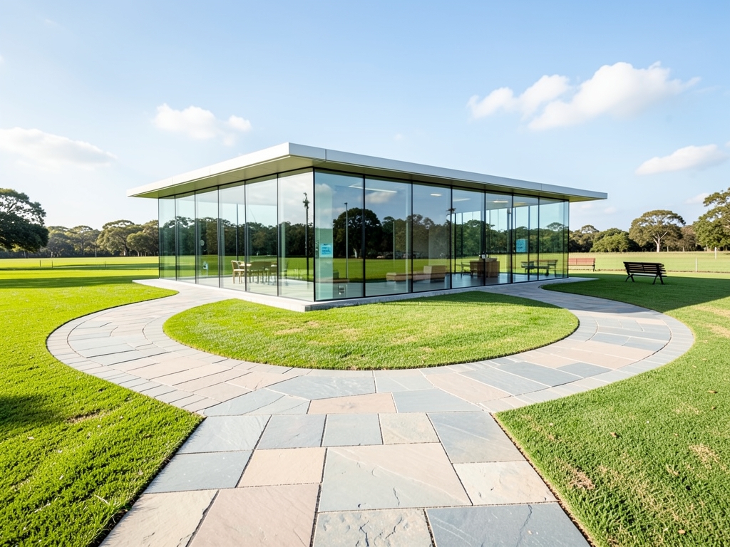 Circular stone pathway looping around glass medical pavilion