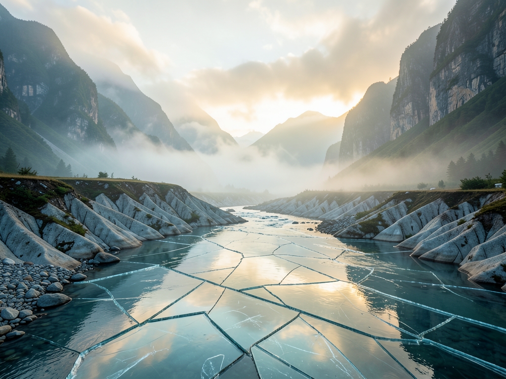 misty mountain river dawn with fractured glass like water