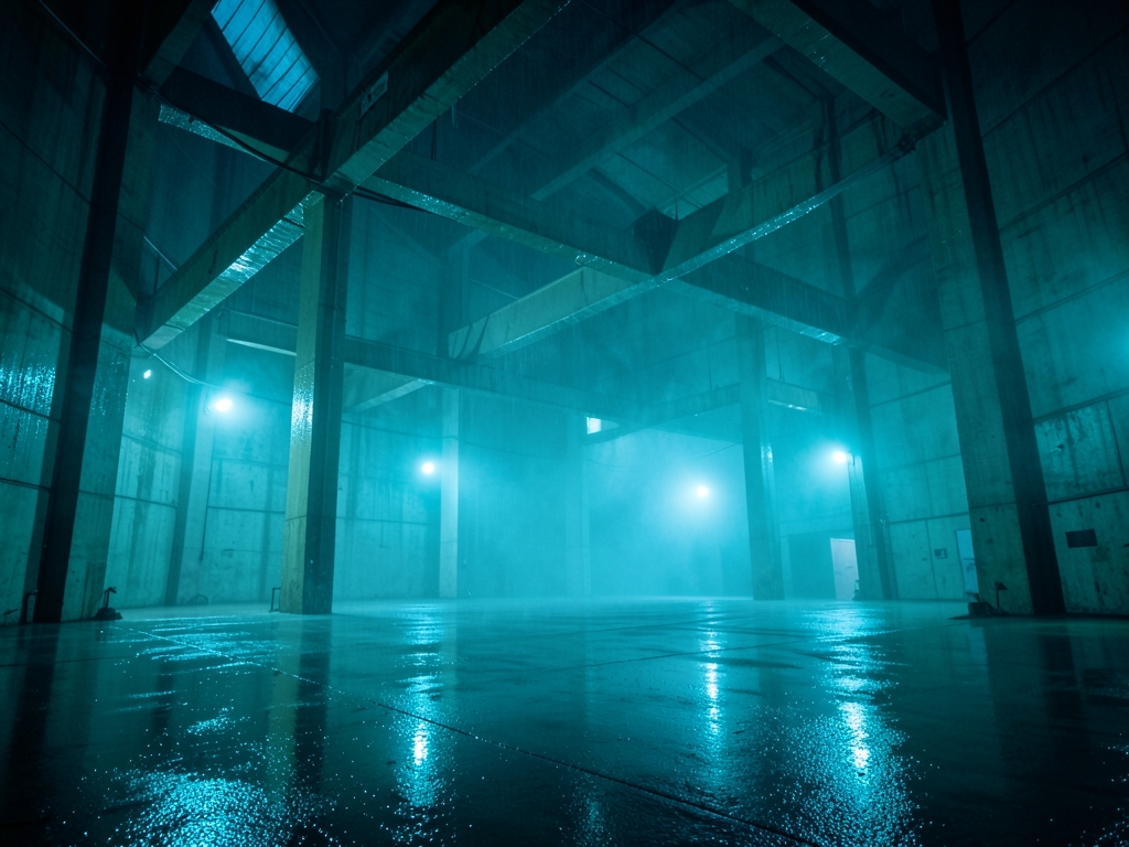 rain soaked concrete warehouse midnight with cyan light pulsing