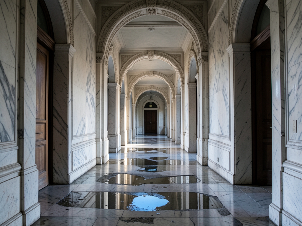 long marble corridor diffused morning light rain soaked stone