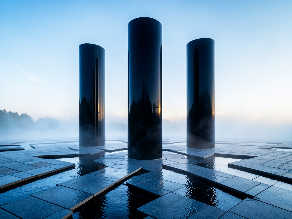 Sleek triad polished obsidian pillars rising from mist shrouded