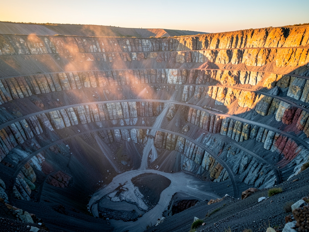 vast open pit mine golden hour with exposed striated
