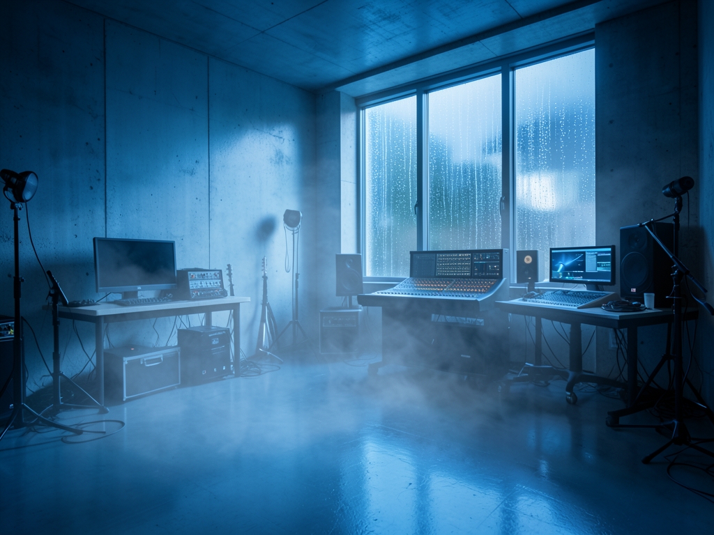 concrete recording studio interior bathed cool blue light