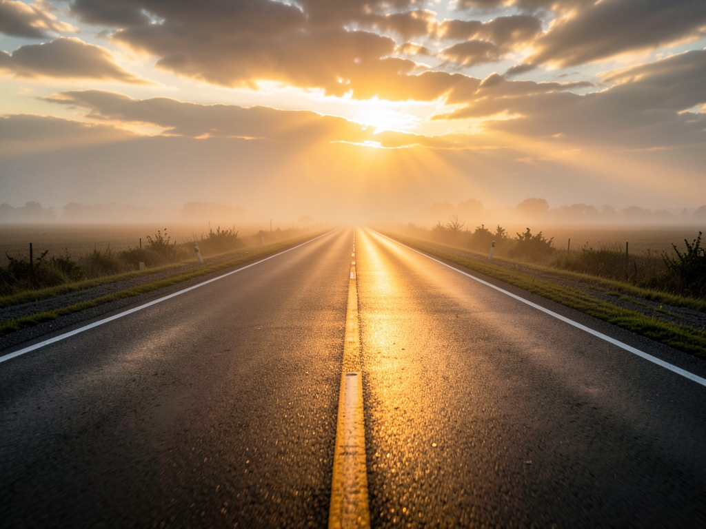 long empty highway stretching into misty horizon dusk