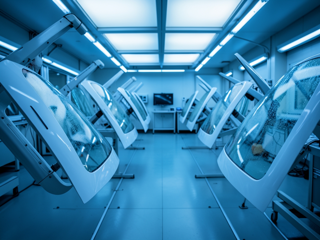 sterile automotive calibration workshop dawn rows windshields mounted