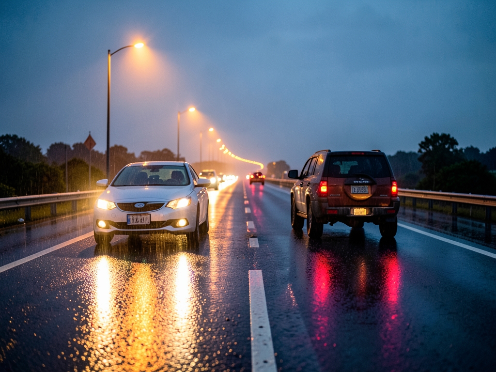 rain slicked highway stretching into distance dusk asphalt reflecting