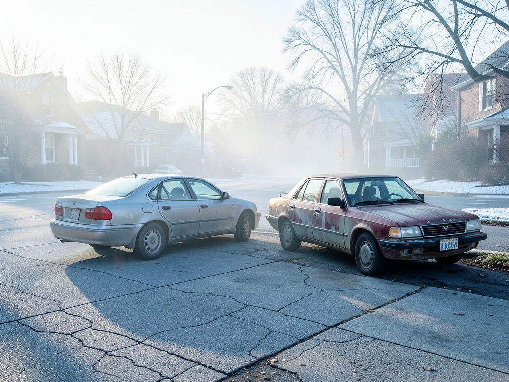 quiet suburban intersection dawn under pale winter light