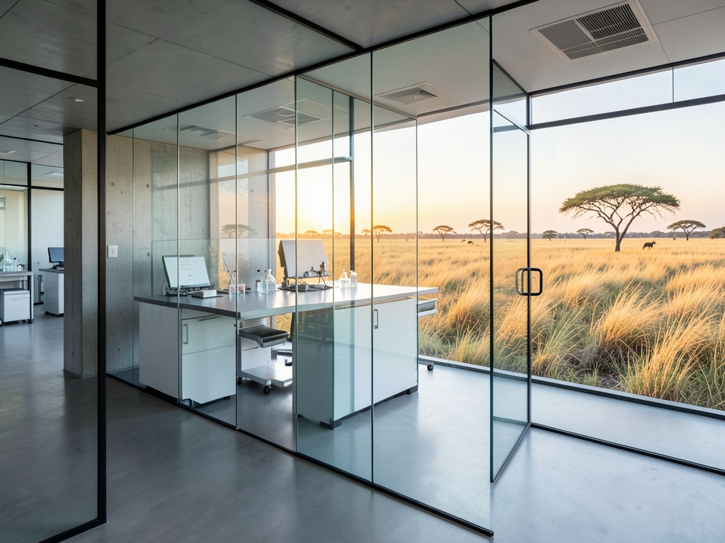 sunlit modern pharmaceutical laboratory with glass and concrete walls overlooking