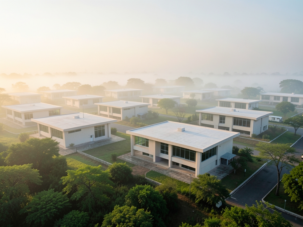 misty dawn over sprawling African research campus with