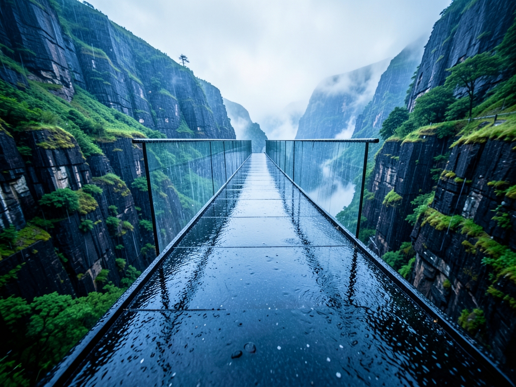Prompt rain slicked obsidian bridge spanning deep gorge