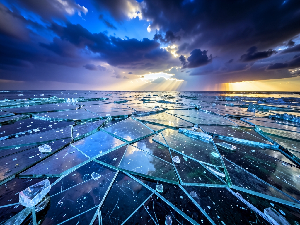 storm clearing over fractured glass landscape where chaotic