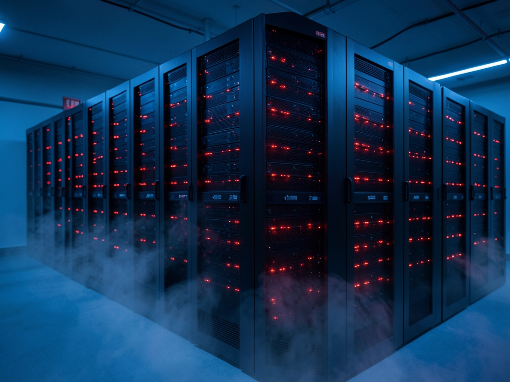 dimly server room bathed cool blue ambient light