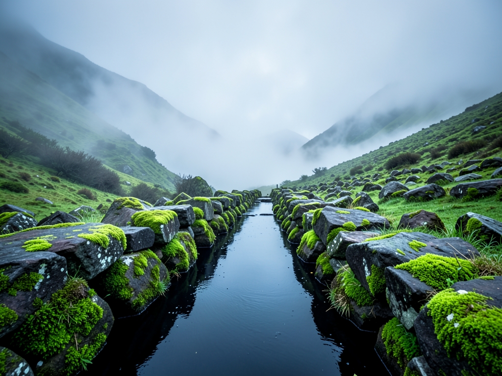 misty mountain valley where ancient mossy stones transition
