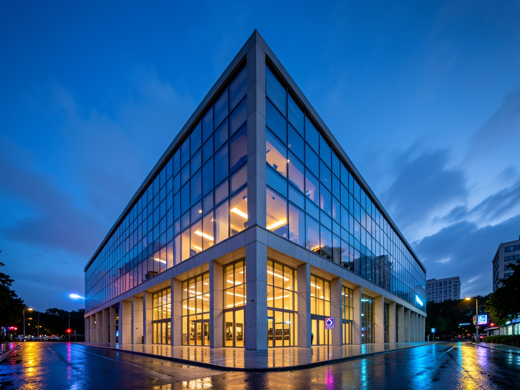 sleek glass concrete university building dusk with soft