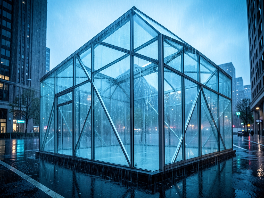 sleek glass pavilion under heavy rain cold blue