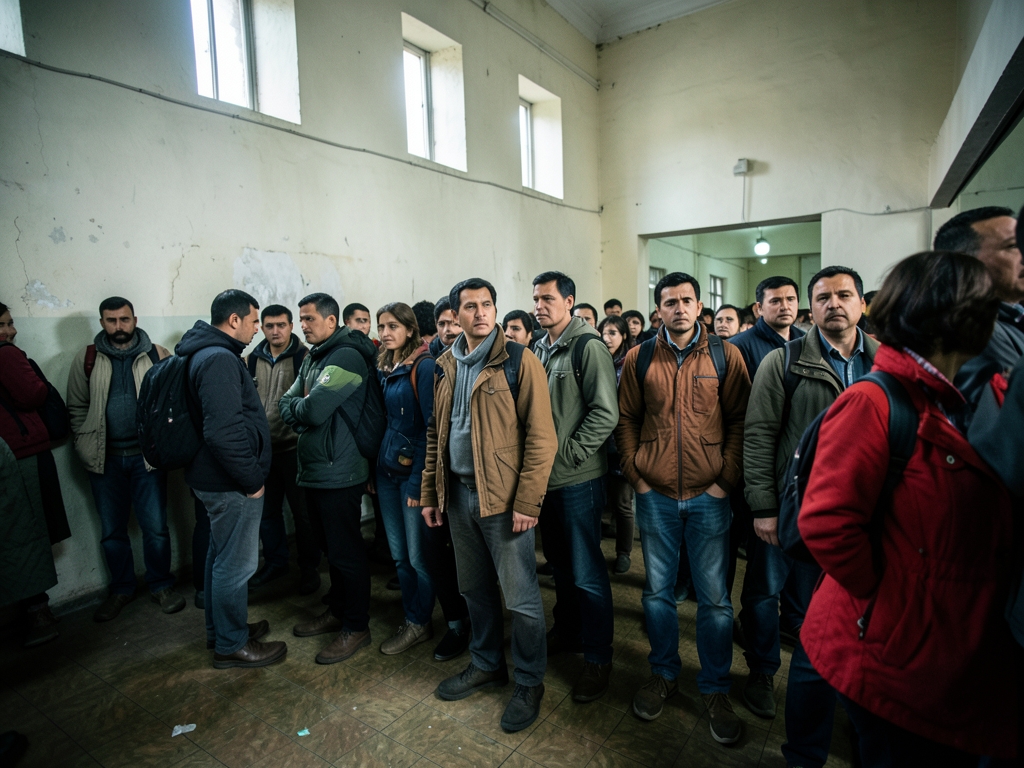 long queue people waiting hall with pale walls