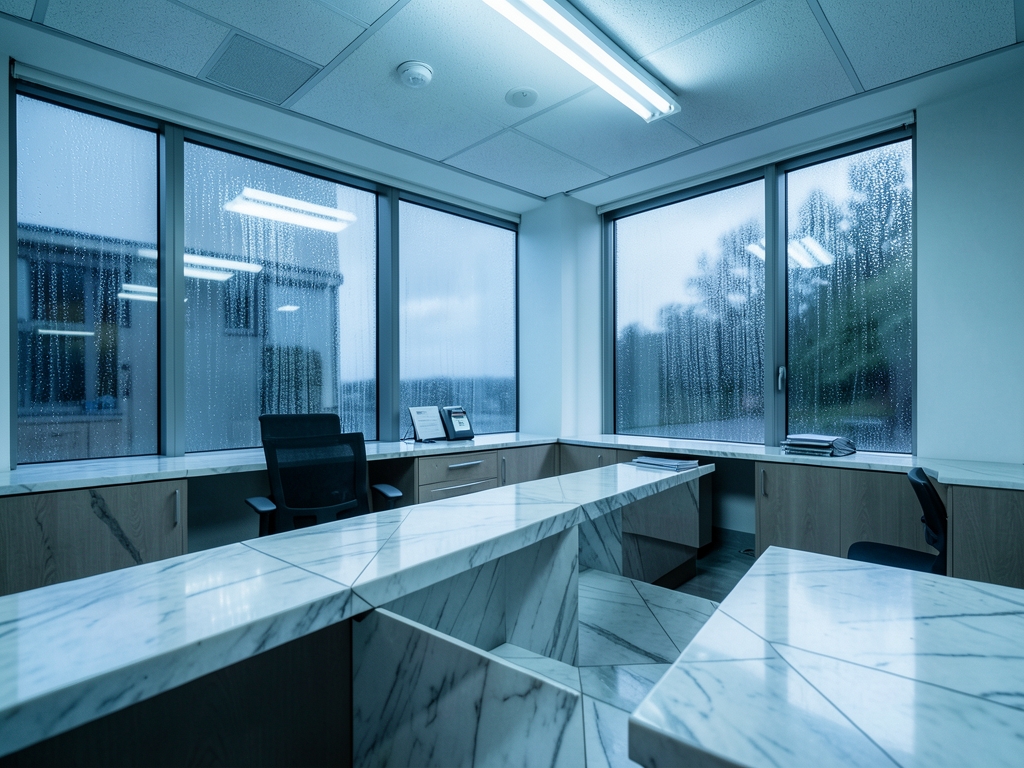 sterile passport office with polished marble countertops harsh
