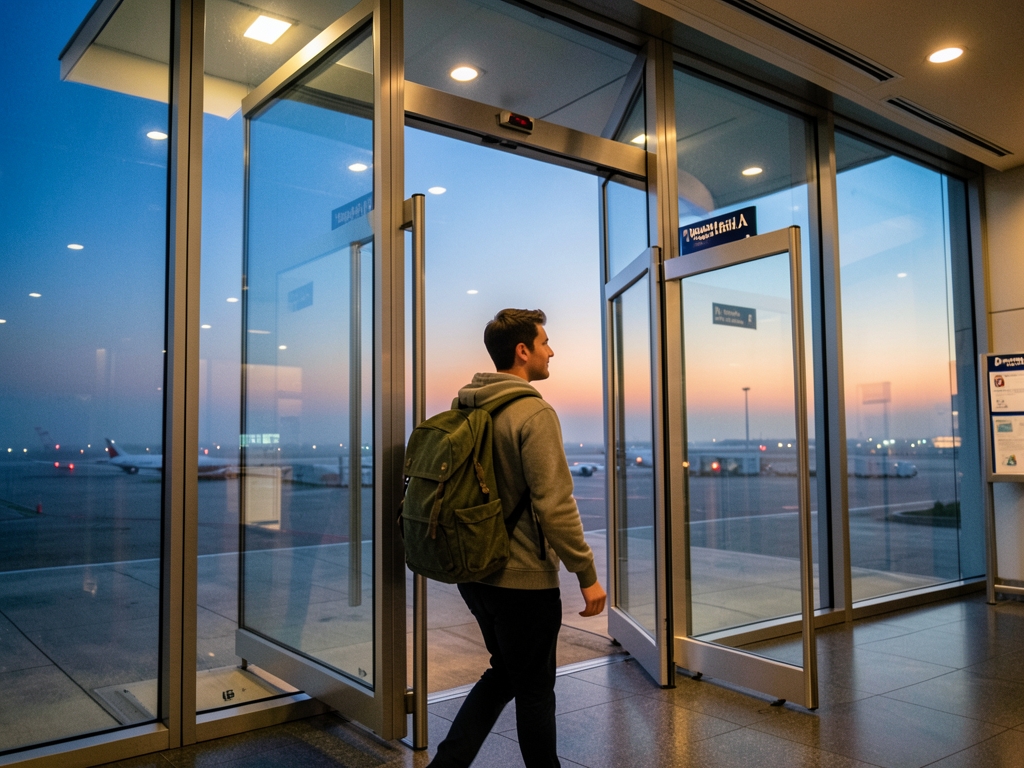 Lone traveler with backpack walking toward tall glass