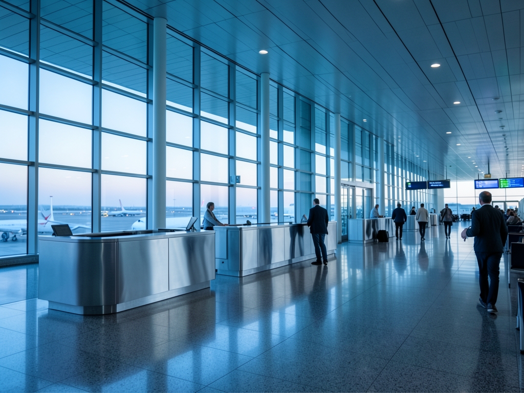 Spacious modern airport border hall dawn with glass