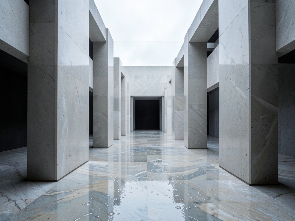 vast minimalist atrium with geometric stone pillars under