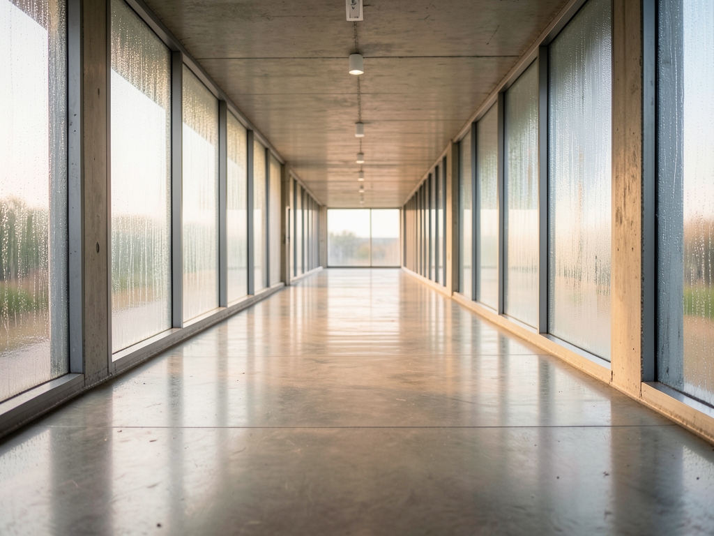 long concrete corridor pale morning light rain streaking